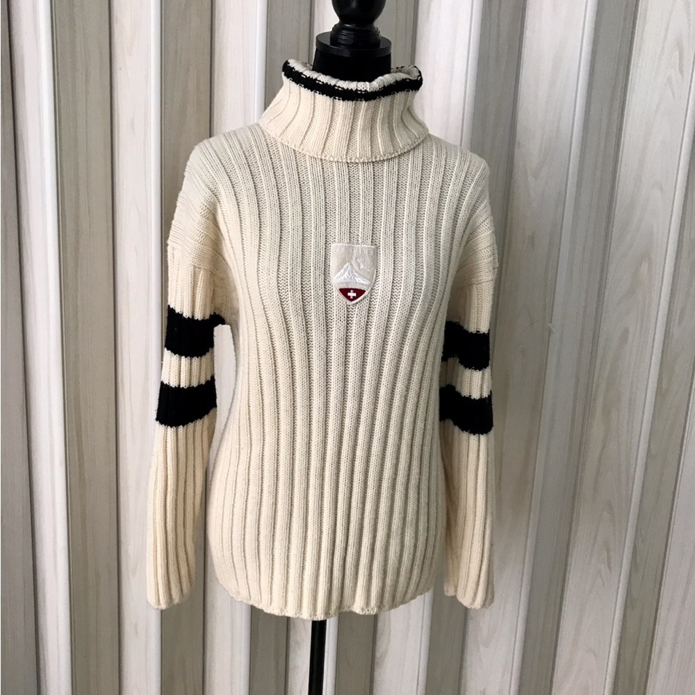 Elegant Cream Turtleneck Sweater with Black Stripes